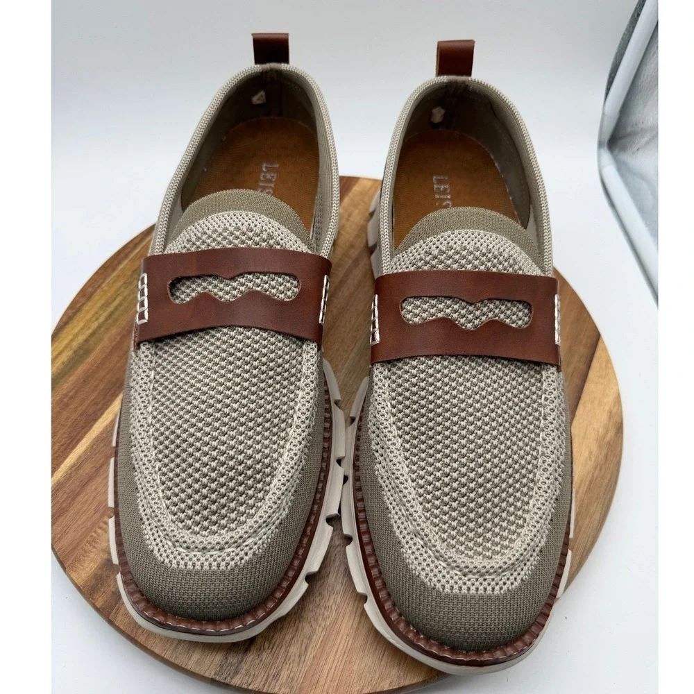 Leisure Men's EU 47 / US 13 1/2 Knit Penny Loafers Tan‎ Brown Slip On Shoes 0525